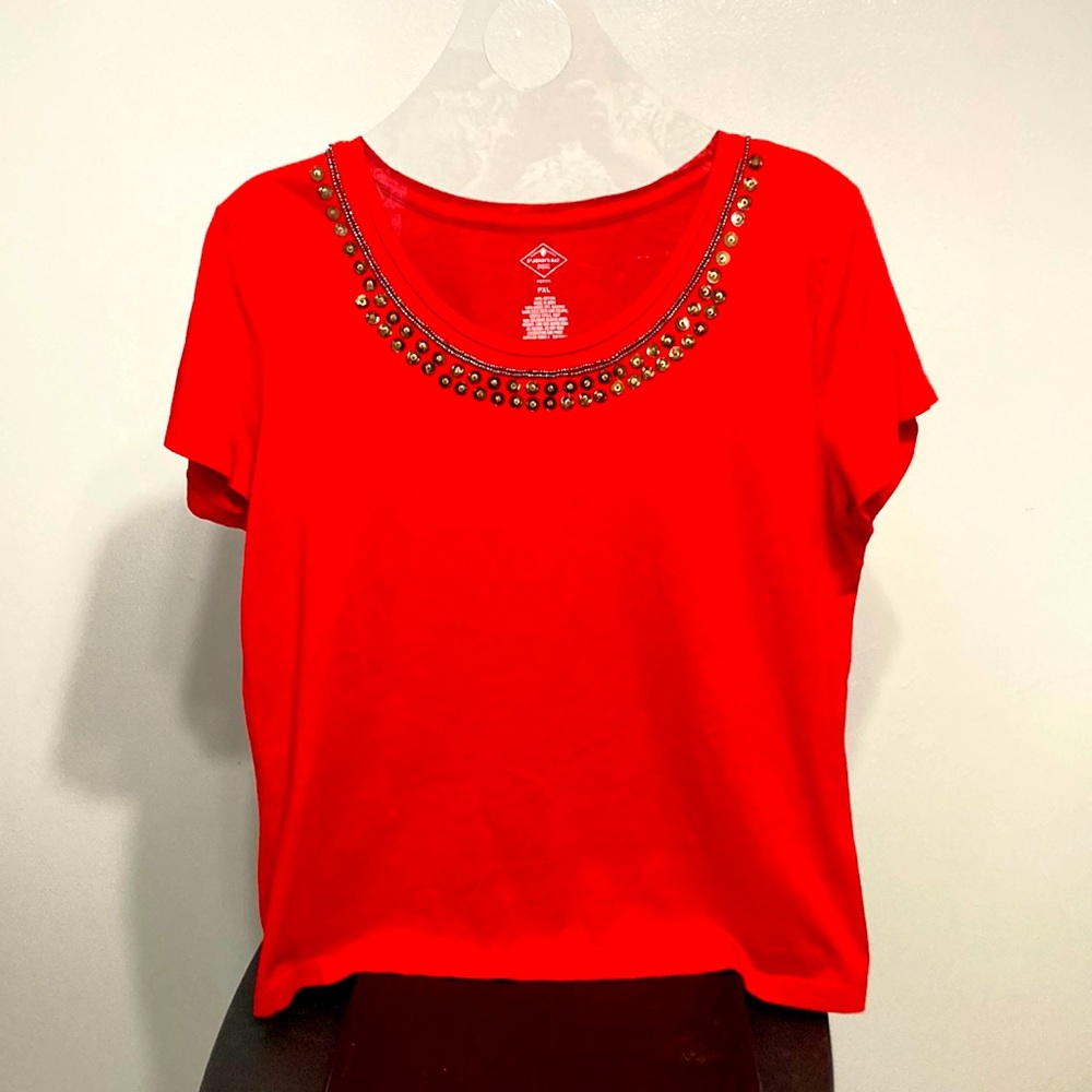St John’s Bay Red embellished tee shirt PXL